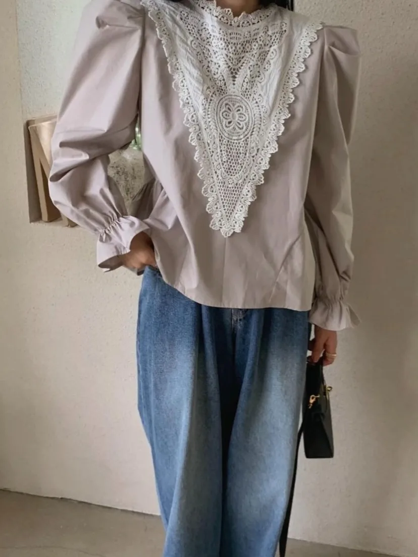 Long Sve Lace Splice Bubble Sve irt Women's Overhead Sle Dongda Gate 24 Autumn Slimming Top Commute Sle Pure Color