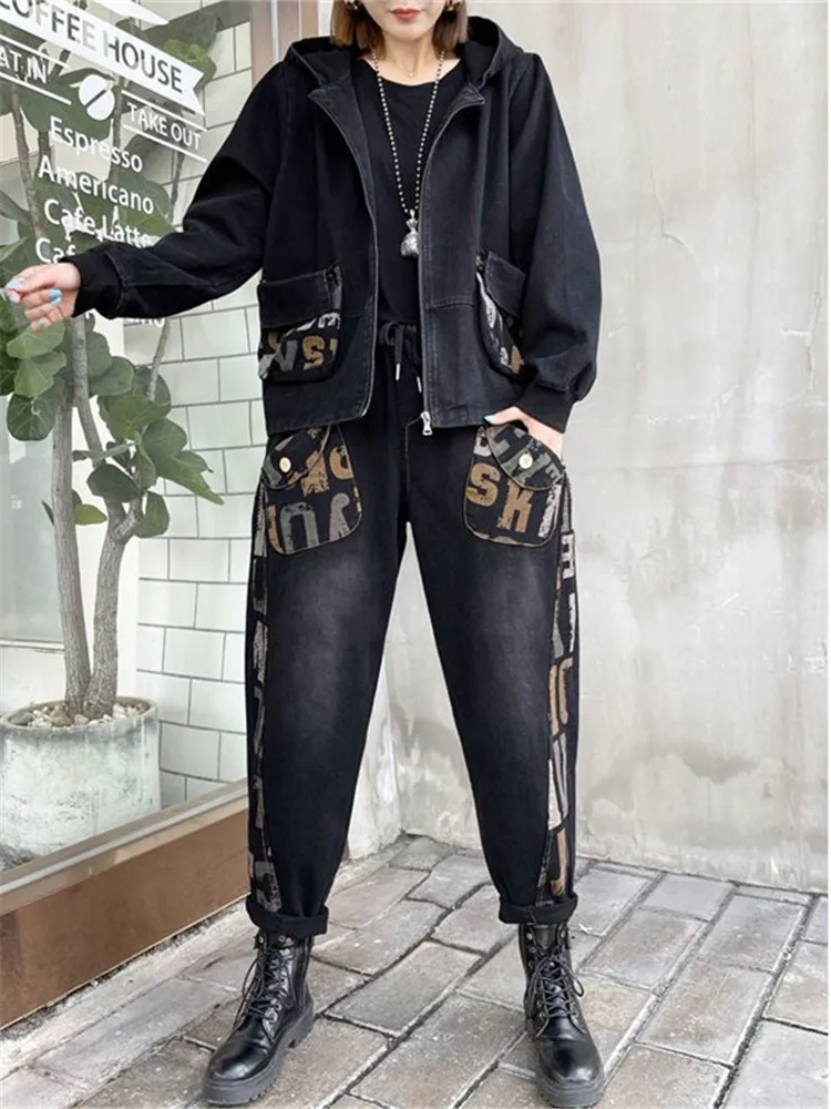 NEW Spring Autumn Denim Jacket Suits Women Retro Hooded Patchwork Letter Jeans Pants Outfit Large Size Denim Coat Two-Piece Sets