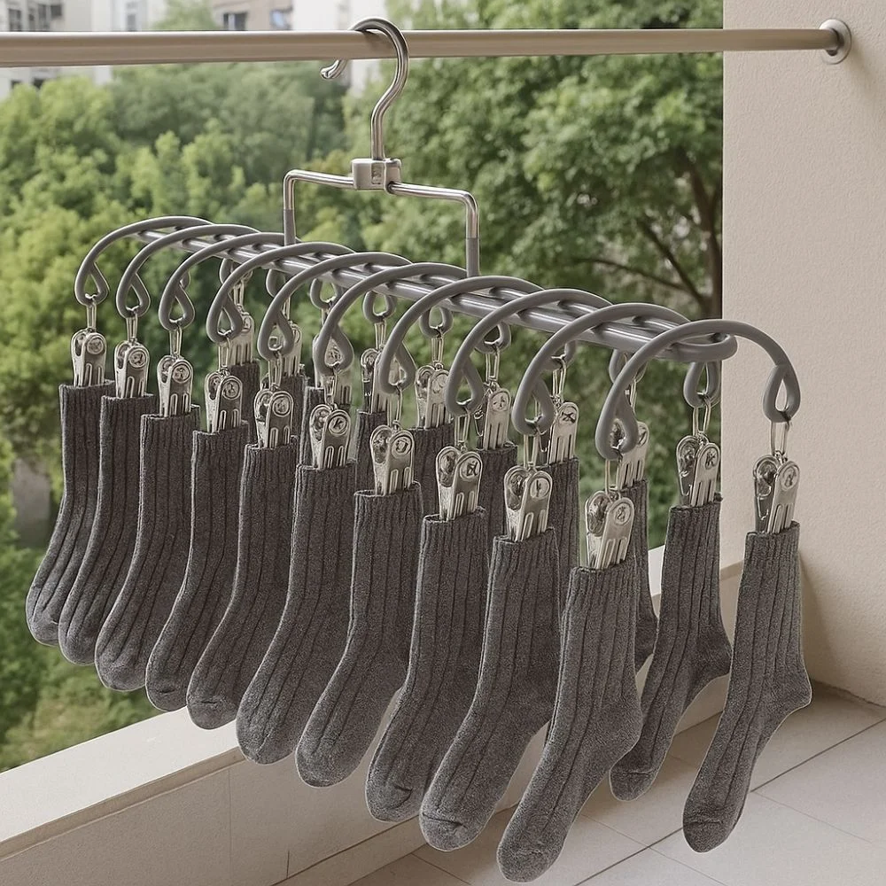 

Stainless Steel Clothes Drying Hanger Rustproof Anti-slip Windproof Clothing Rack 20 Clips Underwear Socks Holder Small Space