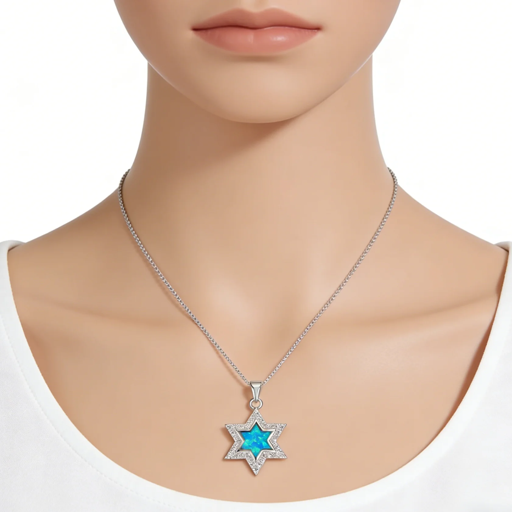 قلادة نجمة داود، قلادة أنيقة بسيطة مع أوبال أزرق و تشيكوسلوفاكيا، هدية مجوهرات فريدة للنساء، مجوهرات يهودية فضية اللون