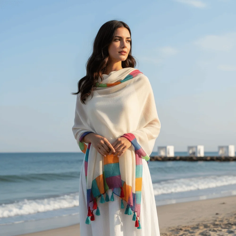 

Neck Wrap Rainbow-Border Linen Scarf Color-Block Lightweight Summer Shawl Breathable Oversized Sunscreen Sarong Resort-Wear