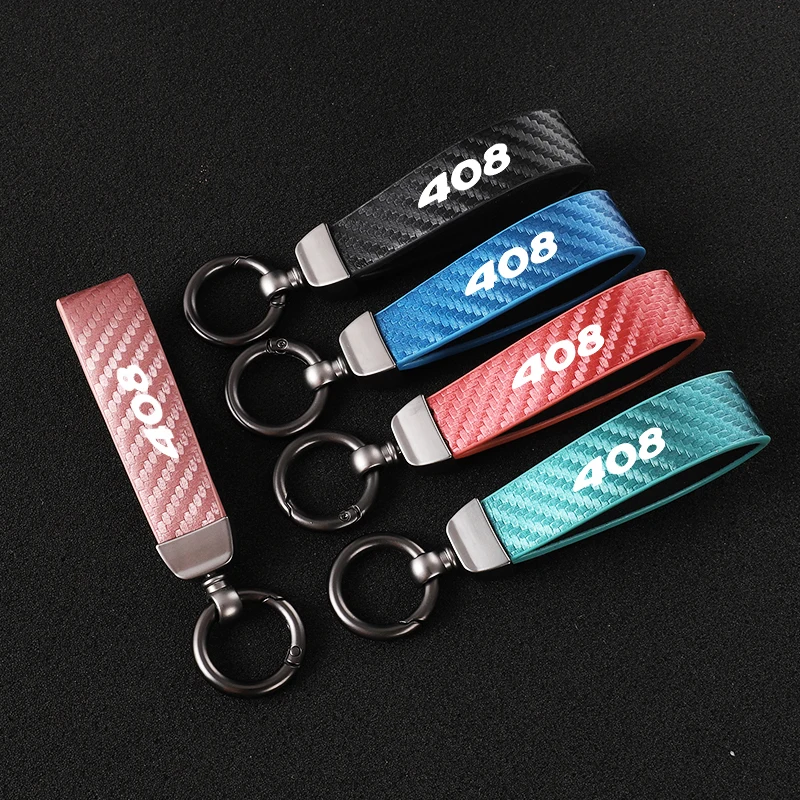 

Car Carbon Fiber Leather Rope Keychain Key Ring for Peugeot 408 Car Accessories