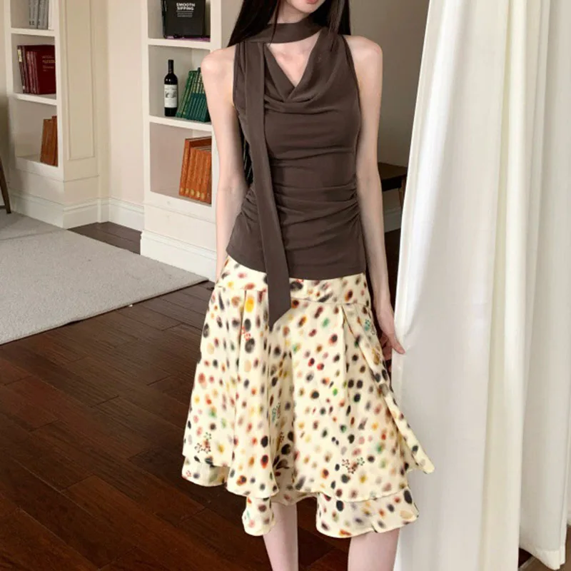 Women Skirt A-line Dyeing Polka Dot Print Double-layer Pleated Elastic High Waist Comfortable Leisure Vacation Versatile Skirts