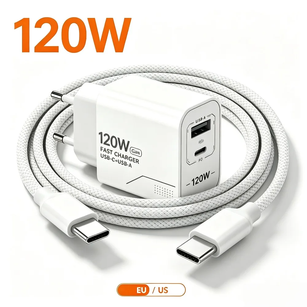 120W GaN USB C Charger 2-Port Fast Charging Phone Charger Power Adapter For iPhone Samsung Xiaomi Type C US Plug Wall Charger