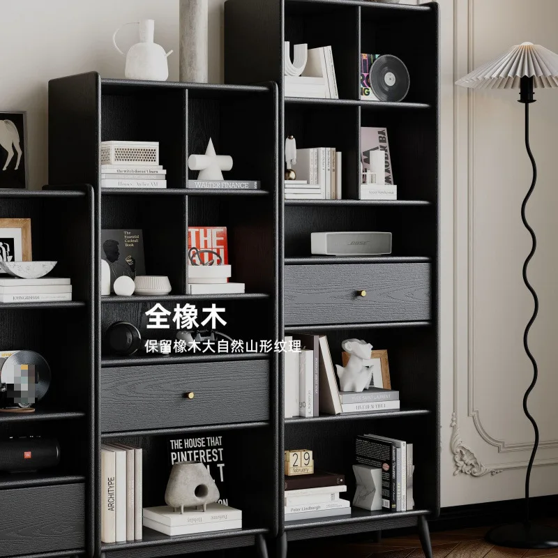 Bücherregal aus massivem Holz, schwarzes Retro-Bücherregal aus Eichenholz, leichtes, luxuriöses mittelalterliches Wohnzimmer, amerikanische Vertikalschrankvitrine,