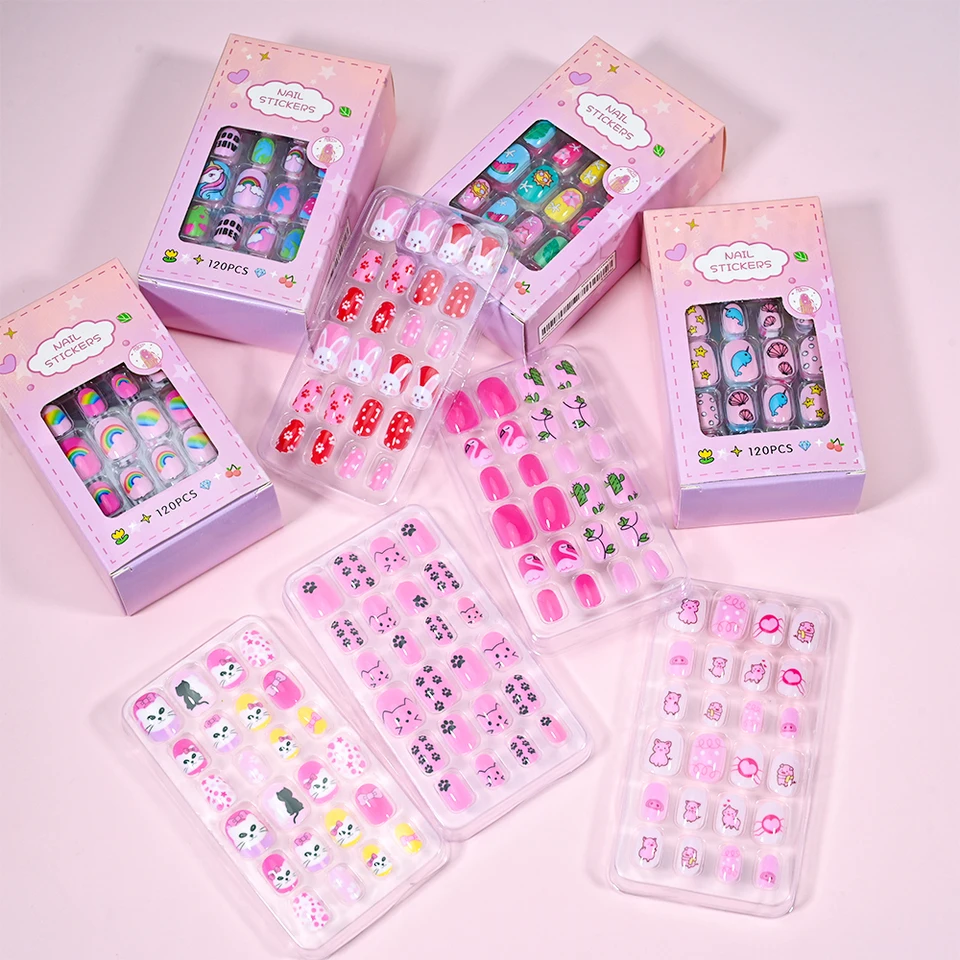 120 piezas/caja de uñas postizas para niñas princesa, de 6 a 14 años, kawaii con gatos, flores, arcoíris, incluye gel tipo gelatina, regalo para niñas 6