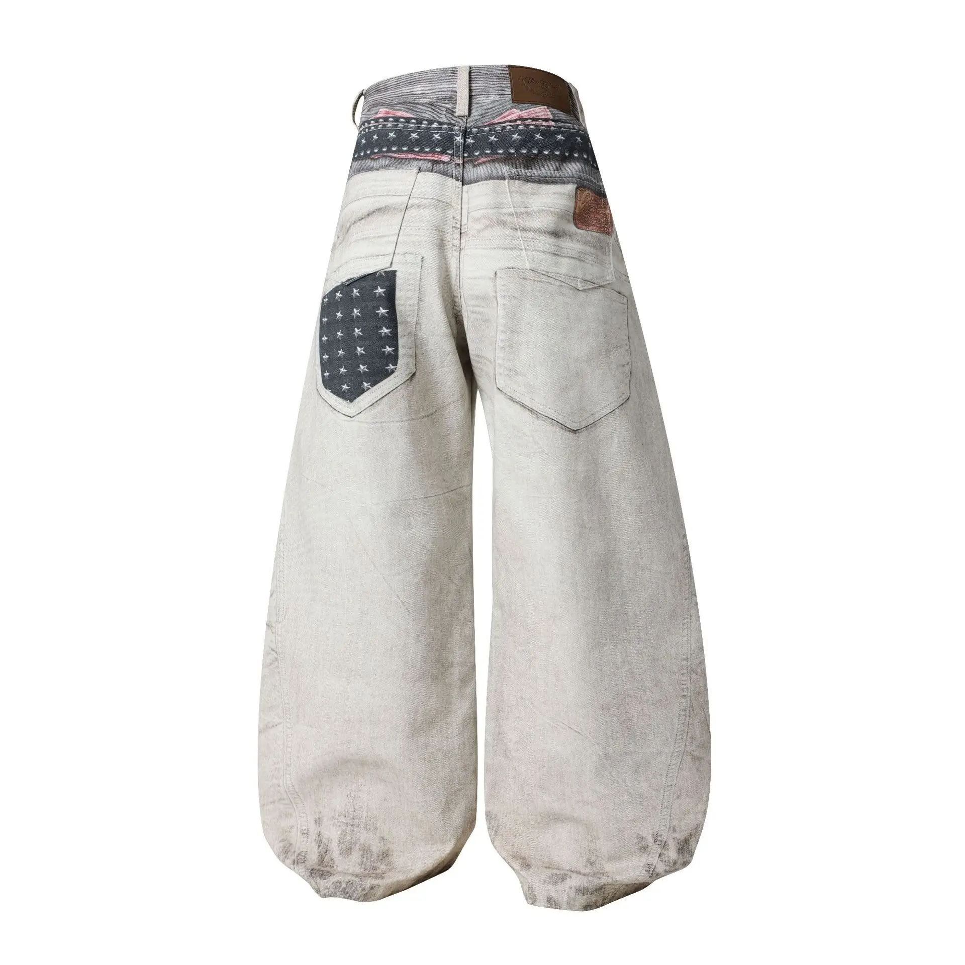 

Vintage Lace-Up Distressed Baggy Denim Pants Y2K Grunge Streetwear Wide Leg Cargo Jeans with Belt