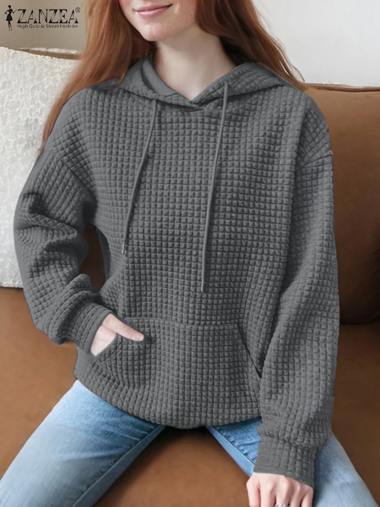 ZANZEA Frauen Langarm Sweatshirts 2024 Herbst Mit Kapuze Jumper Casual Farbe Patchwork Hoodies Elegante Waffeln Spleißen Hoodies