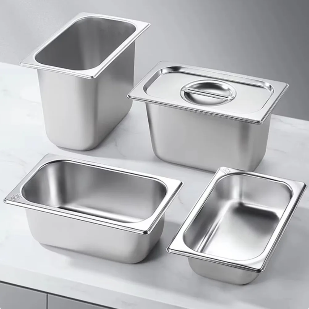 304 Stainless Steel 1/9 1/6 1/4 1/3 1/2 Food Pan Thickened with Lid Rectangular Tray Basin Easy To Clean GN Pan Chafing Buffet