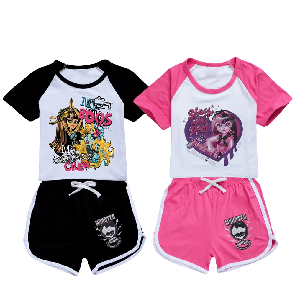 Monster High Costume for Kids Toddler Girls Draculaura Tshirt+shorts 2pcs Boys Short Sleeve Pajama Sets Summer Children Clothing