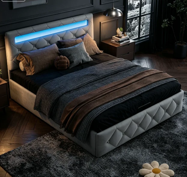Rosahqnda Polsterbett 160 x 200 cm mit LED und USB-Ladestation, Stauraumbett 160 x 200 cm mit Bettkasten und Lattenrost, Doppelbett mit Stauraum im Kopfteil und hydraulischem Stauraum,