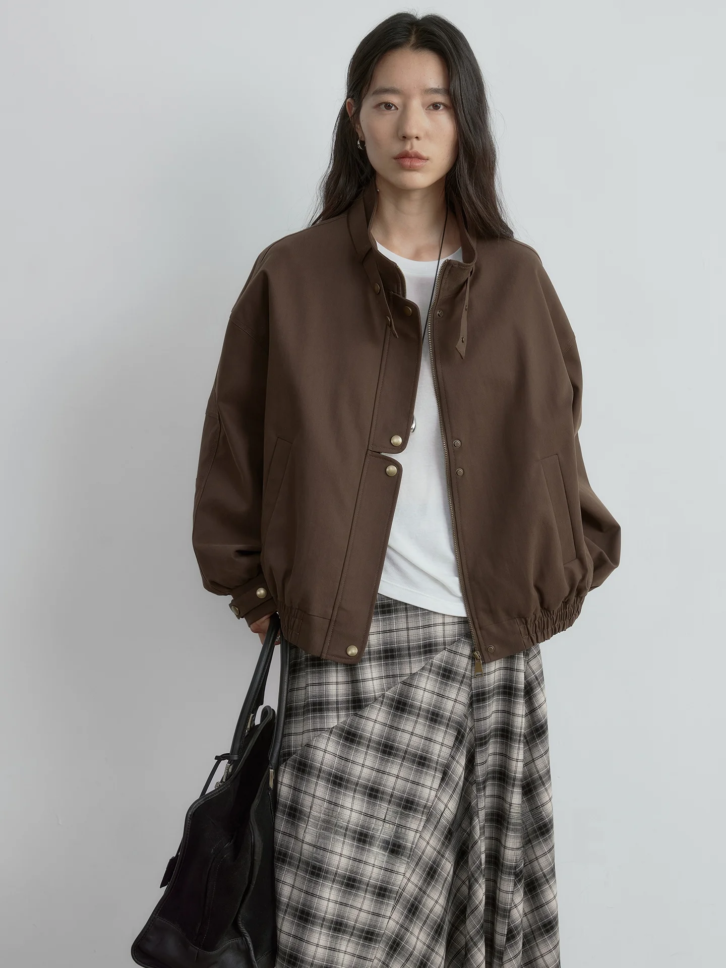 

CLIPETTE Women's ort Jaet Cotton Relsel Stand Collar Workwear Sle Button Plaet Autumn Outerwear Faion Design