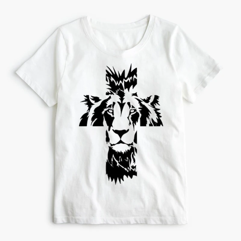 Fun Lion Graphic Tee Crosses Printing Tops Unisex Style T-shirt Custom Tees Christianity Aesthetic Clothing