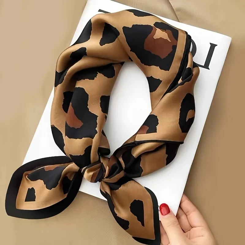 Luxury Brand Women Leopard Print Square Hijab Scarf Soft Satin Silk-like Small Neck Scarf Stylish Casual Headscarf