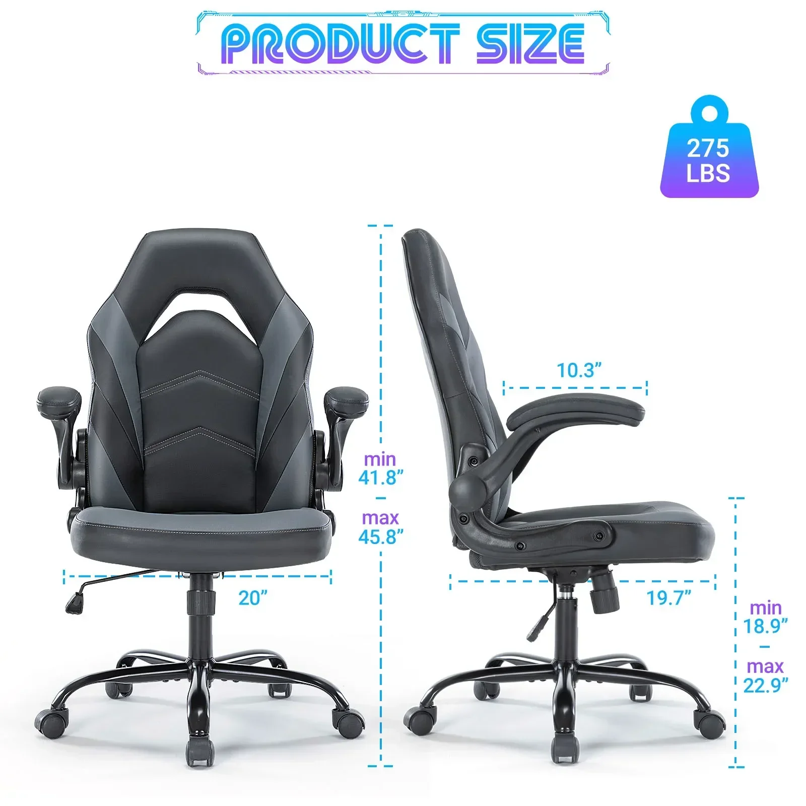 For Ergonomic Office Computer Home Gaming Desk Chair Adjustable PU Leather Racing Chair Flip-up