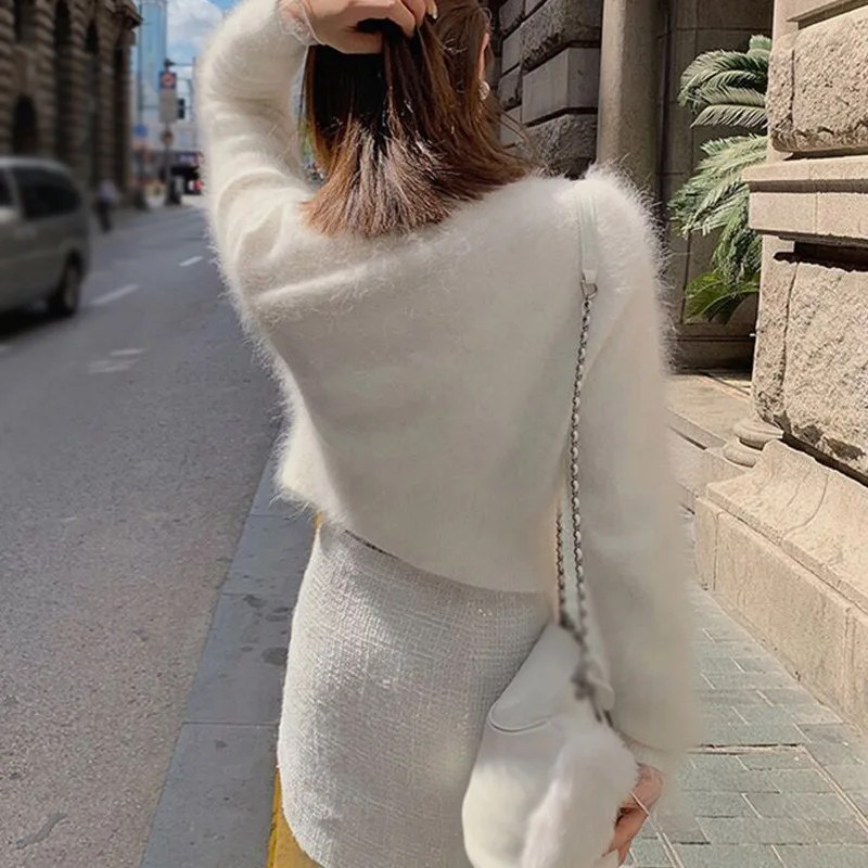 Long Sleeve V Neck Sweater Cardigan Imitation Mink Fleece Lantern Sleeves Sweet Retro Tops Woman clothes tops woman 2024