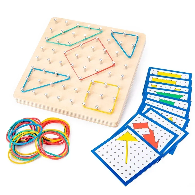 

Children Math Wooden Toys Set Geometric Shape Rubber Band Nailboard Game Montessori Educational Creative Toy Fine Christmas gift