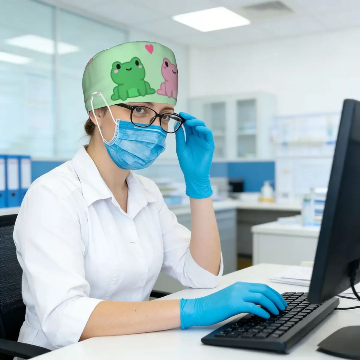 Two Frog Love Heart Cartoon Scrub Hat Doctor Working Surgical Cap Men Women Adjustable Nursing Caps for Dentist