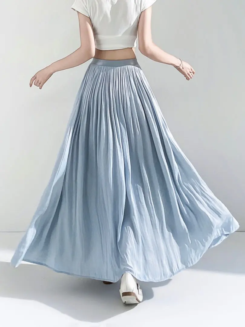 Early Fall Women Satin Pleated Skirt Elastic Waist Elegant Casual Loose Big Swing​ Long Skirts Lady