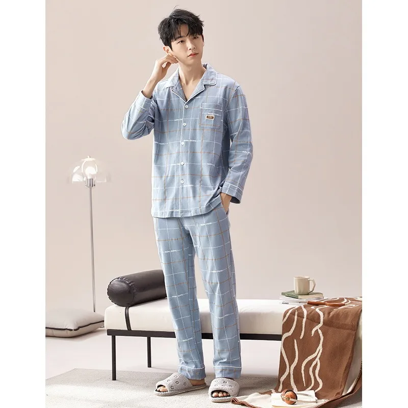 Men Pajamas Sets Long Sleeve Cotton Autumn Spring Youth Homewear Set Sleep Cloth Outside Male Printed Pjs Casual Loungewear