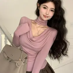 Autumn New Sweet Solid Color V-neck Long Sleeve T-Shirts Women Clothes Elegant Pleated Slim Bottoming Shirt Femme Fashion Tops