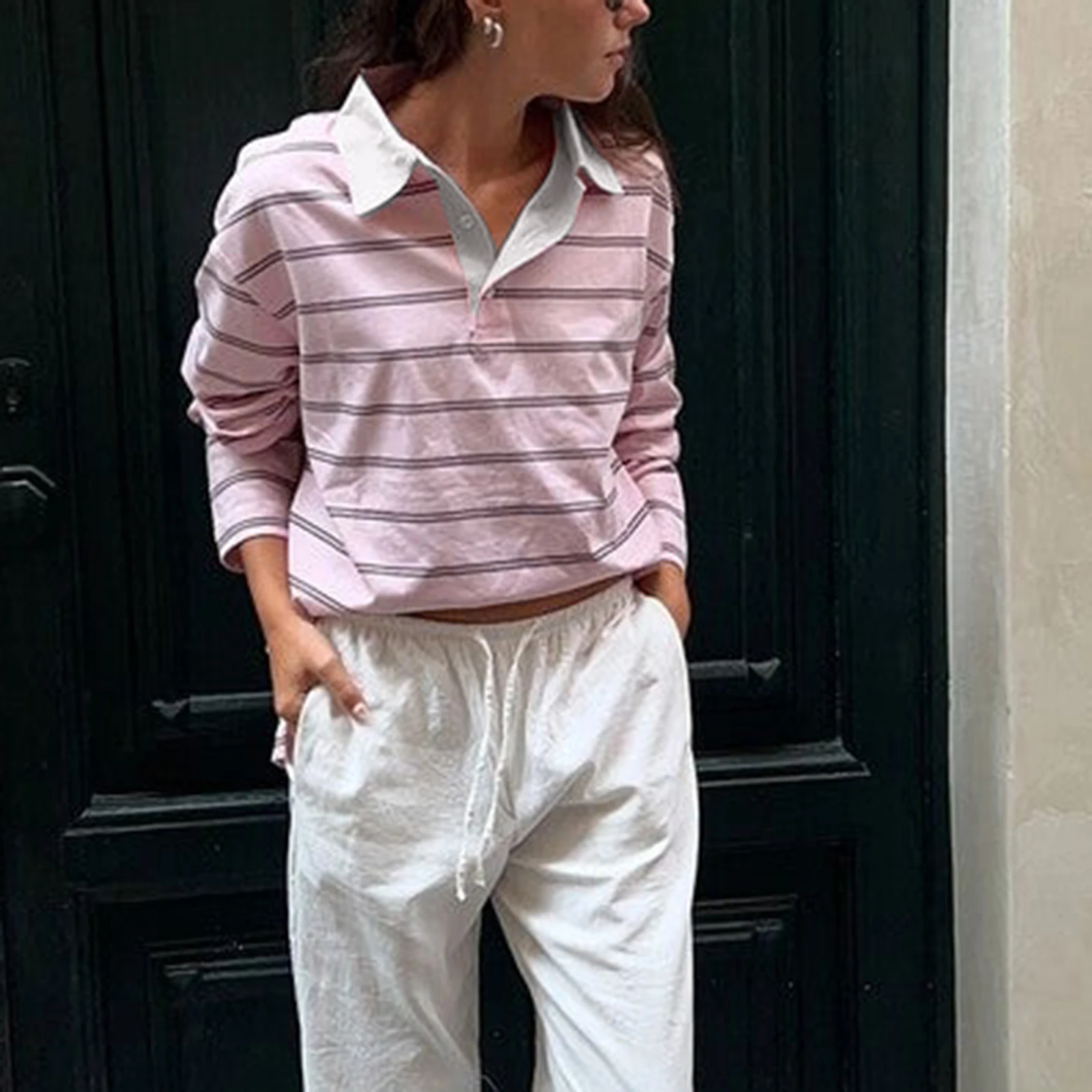 

Fashion Casual Striped Womens Long Sleeve Tops Half Button-down Lapel Neck Loose Fall T-shirts Streetwear