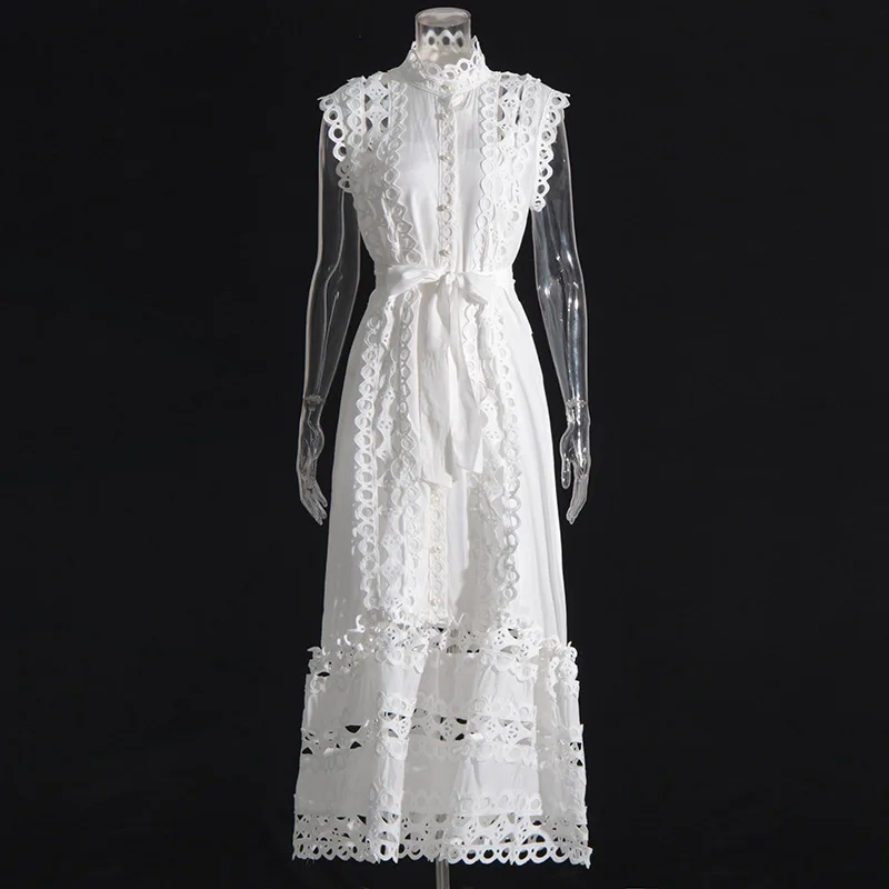 Französisches Vintage-Spitzenkleid 2025, Sommer, Rundhalsausschnitt, ärmellos, aushöhlen, durchsichtig, einfarbig, langes Kleid, Damen, Urlaub, Pendler