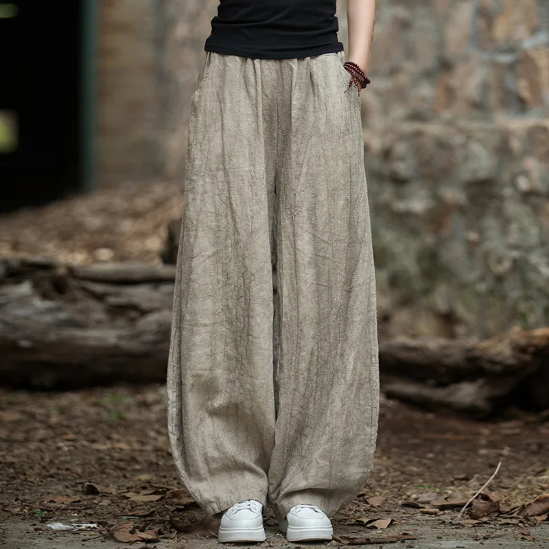 Tie-Dyed Ramie Blend Trousers - Distressed Bohemian Paper-Bag Waist Culottes for Women