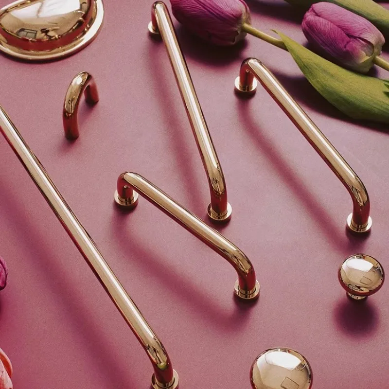 Solid Brass Bright Gold Furniture Handles Modern Luxury Wardrobe Cloakroom Pulls Bedside Cabinet Round Knobs Kitchen Accessories