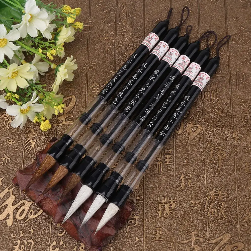 

6 Pcs Piston Water Brush Chinese Japanese Calligraphy Pen Adjustable Piston (S+M+L), White and Brown Brush Head Pen jasmine