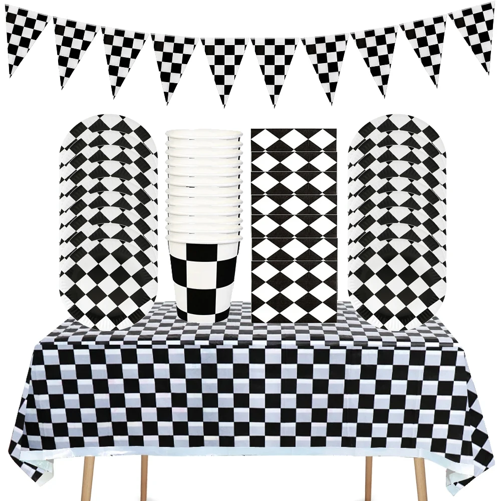 Black White Racing Car Checkered Birthday Party Favor Flag Disposable Tableware Banner decoratio Kid Baby Shower game Supplies