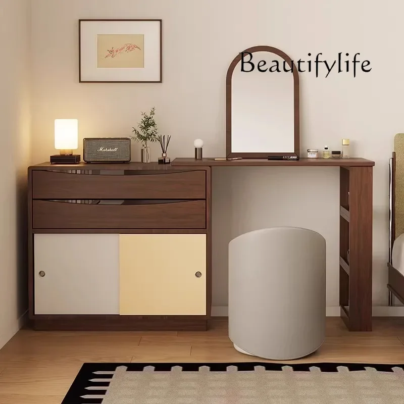 

Retro style walnut color solid wood dresser chest cabinet integrated small apartment makeup table corner telescopic