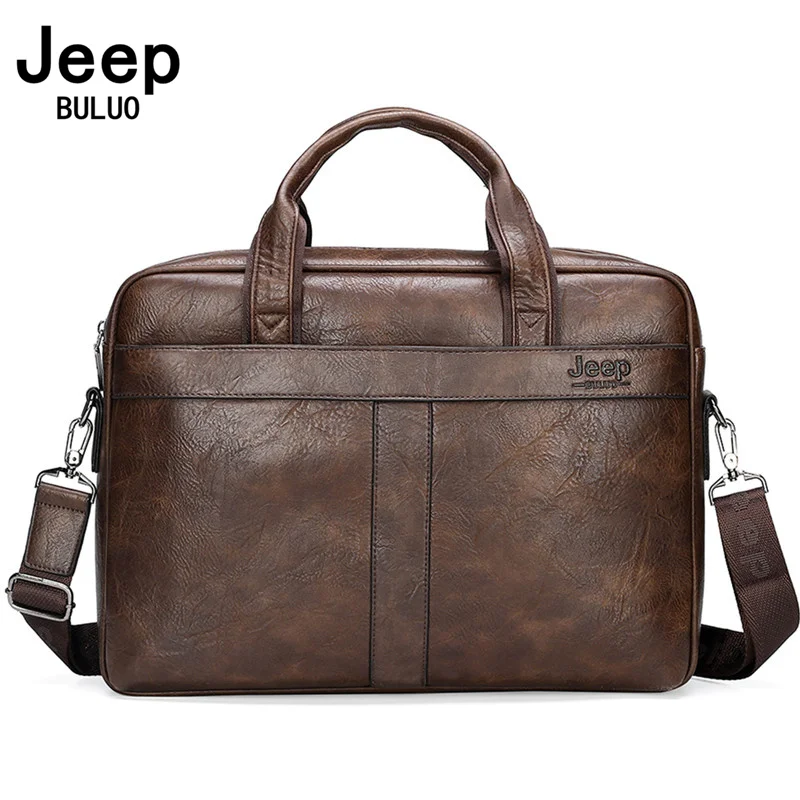 JEEP BULUO-Bolso de mano de cuero de negocios para hombre, maletín de oficina de gran capacidad, bolsos de hombro de viaje para ordenador portátil