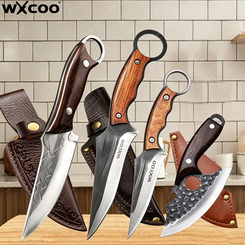 Hand Forged Boning Knife Meat Cleaver Butcher Knife with Cover Stainless Steel Kitchen Knife Wooden Handle Kitchen Accessories