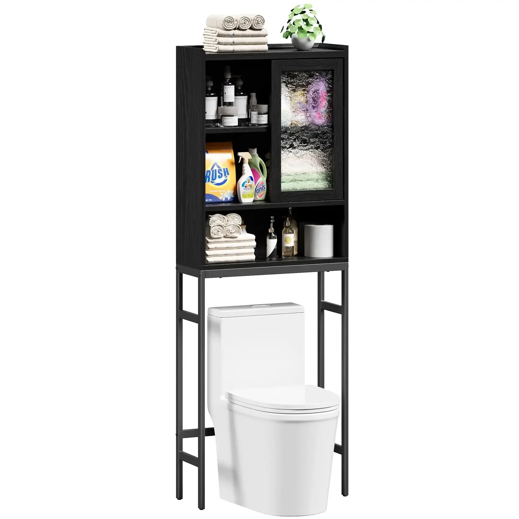 Over The Toilet Storage Cabinet, 4-Tier Wooden Bathroom Organizer, with Adjustable Saver Space Rack Shelf & Rack, Black