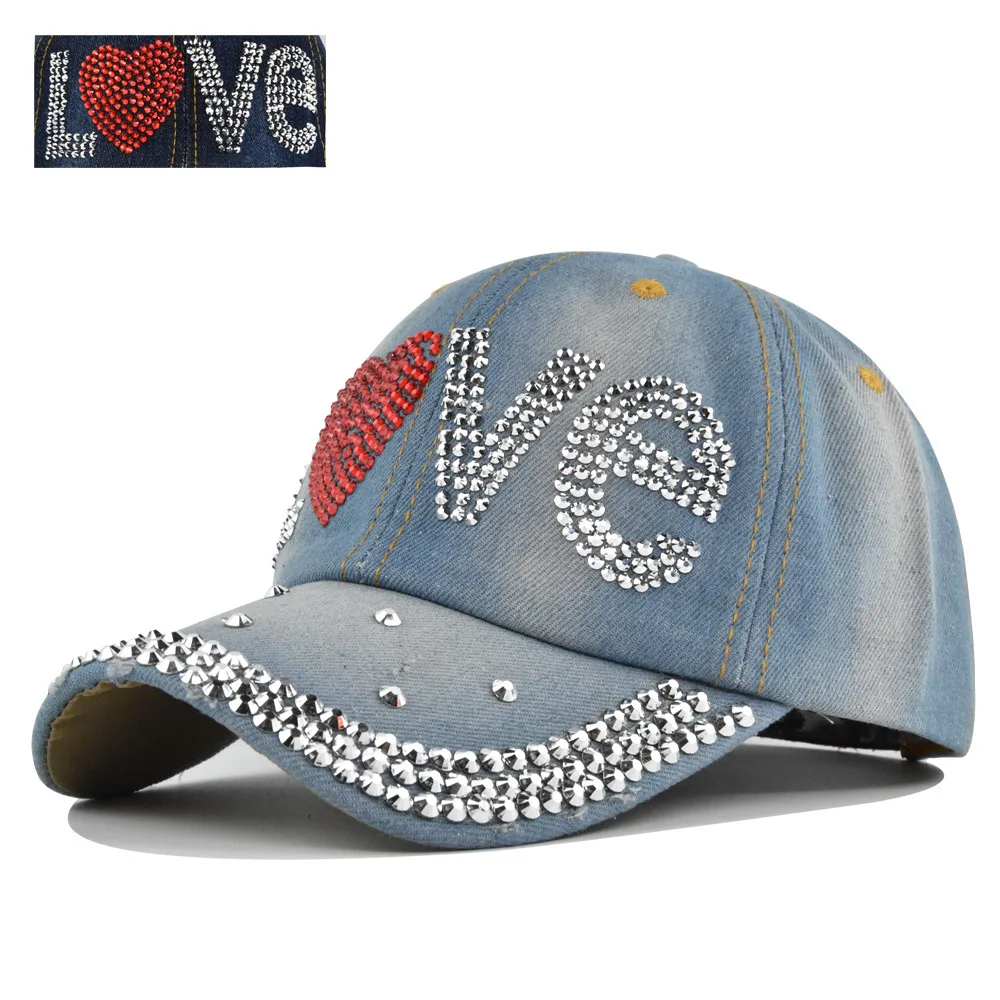 Denim Baseball Cap For Women Retro Rhinestone Love Fashion Cowboy Summer Sun Hat Snapback Caps Casual Outdoor New