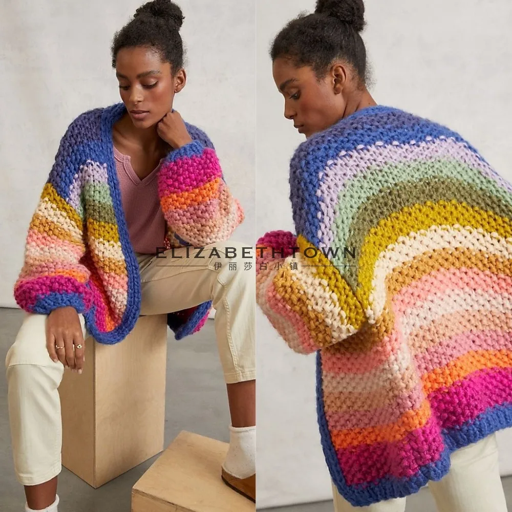 

TIYIHAILEY Knitting Coat Women Hand Made Autumn Outerwear Full Sleeve Rainbow Cardigan 2025 New Loose Coat Sweaters Patchwork