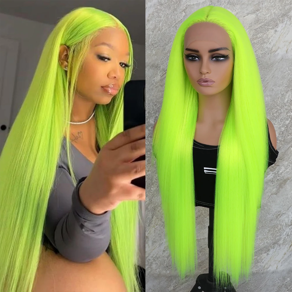 Apolaurel Synthetic Fluorescent Green T Lace Front Wigs Long Straight Hair Bright Yellow Neon Green Wig Synthetic Lace Front Wig