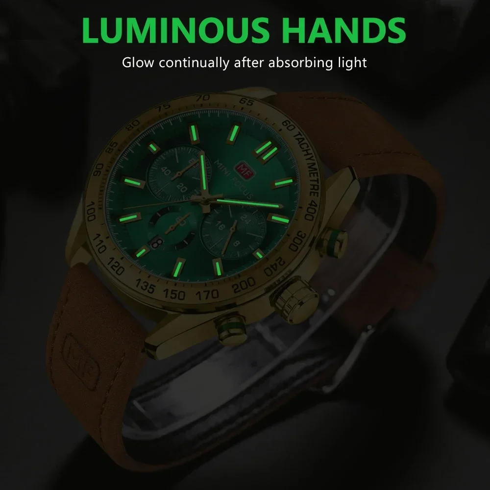 MINI FOCUS-Relógio de pulso de quartzo de couro impermeável masculino, relógio cronógrafo masculino, relógio militar do exército, 0403G