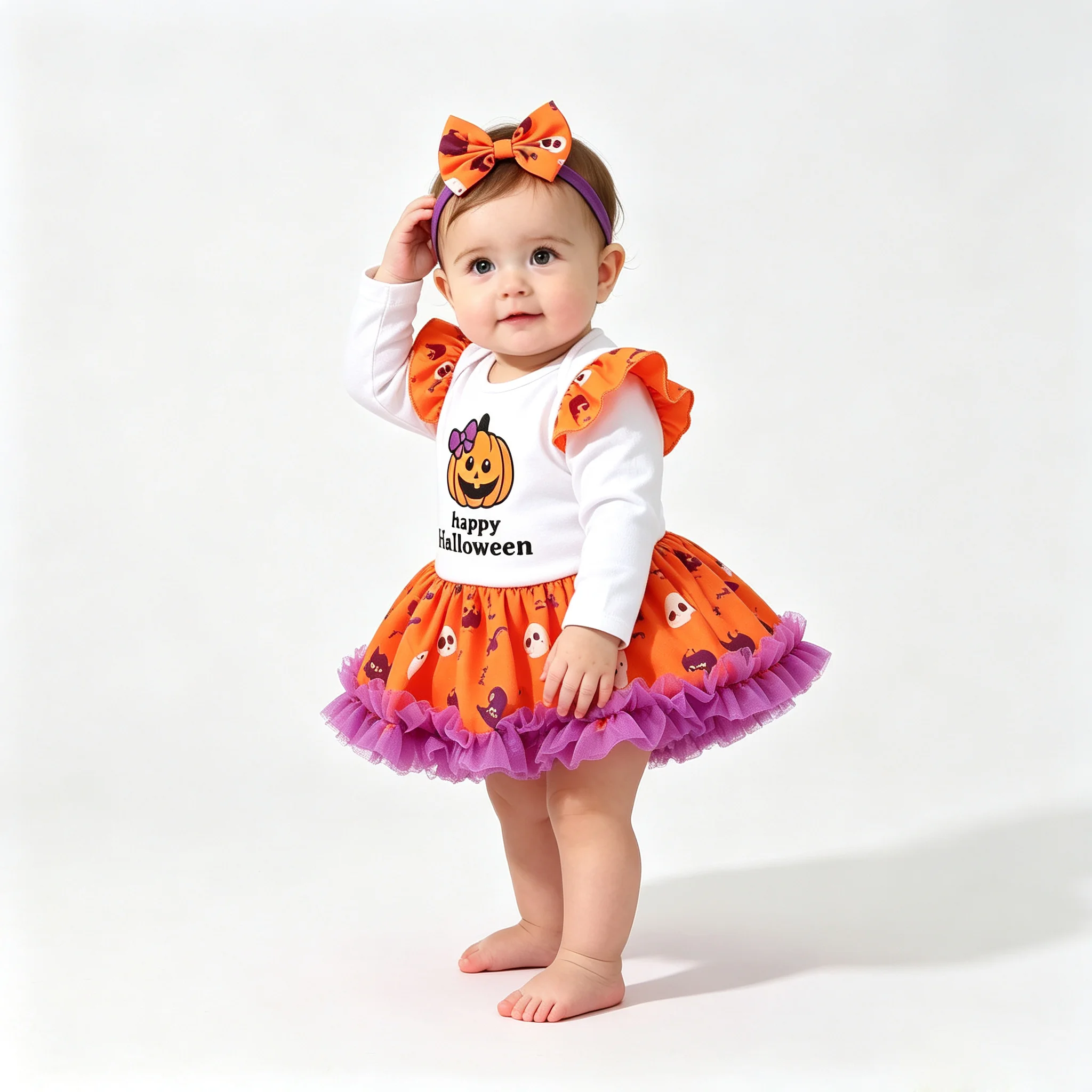Infant Baby Girl Halloween Outfit Pumpkin Pattern Romper Tutu Dress Long Sleeve Bodysuit with Bow Headband Holiday Party Costume