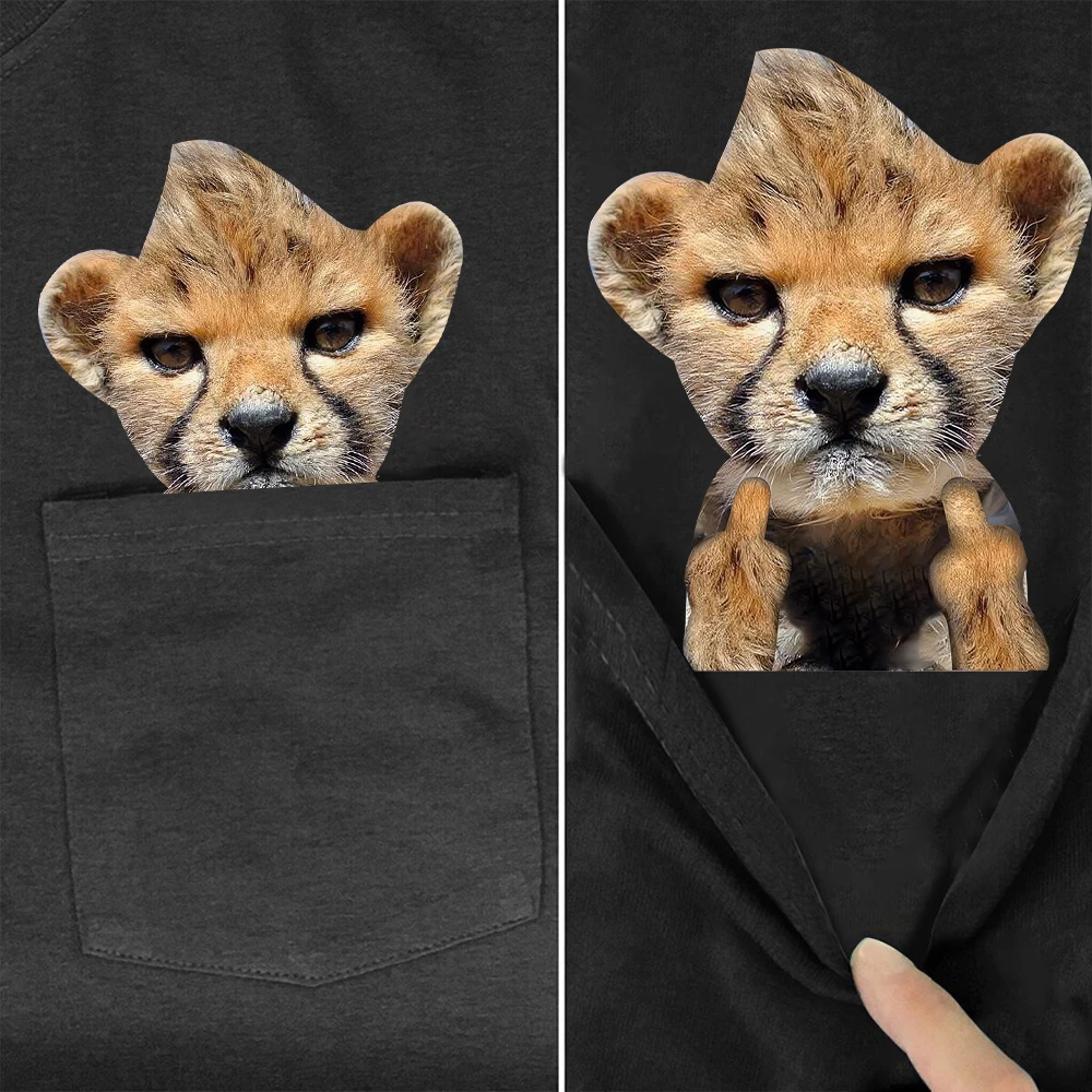 CLOOCL Asiatic Cheetah Cotton T-Shirts Cheetah Cub Double Middle Finger Printed Pocket T-shirt Men Clothing Short Sleeve Tees