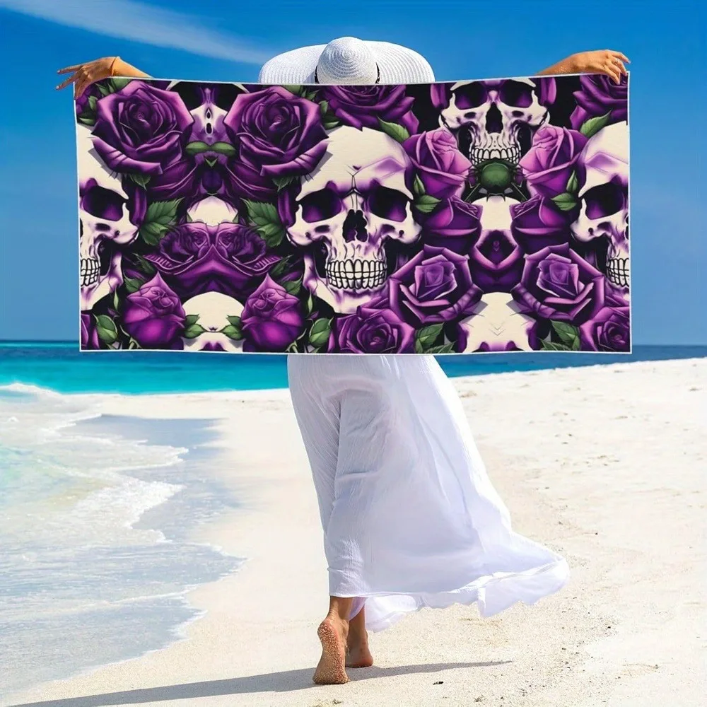 

Lightweight and fashionable purple rose skull printed beach towel suitable for both men and women