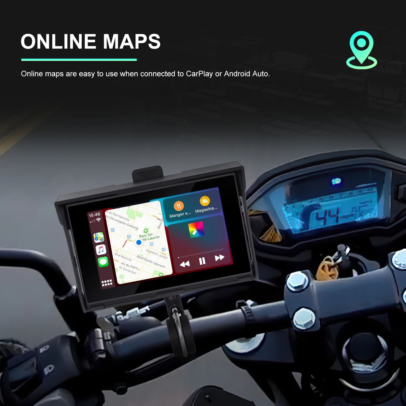 Podofo 5'' Motorcycle Carplay Portable Motorcycle Monitor Wireless Carplay Android Auto IP65 Waterproof GPS Navigation Player