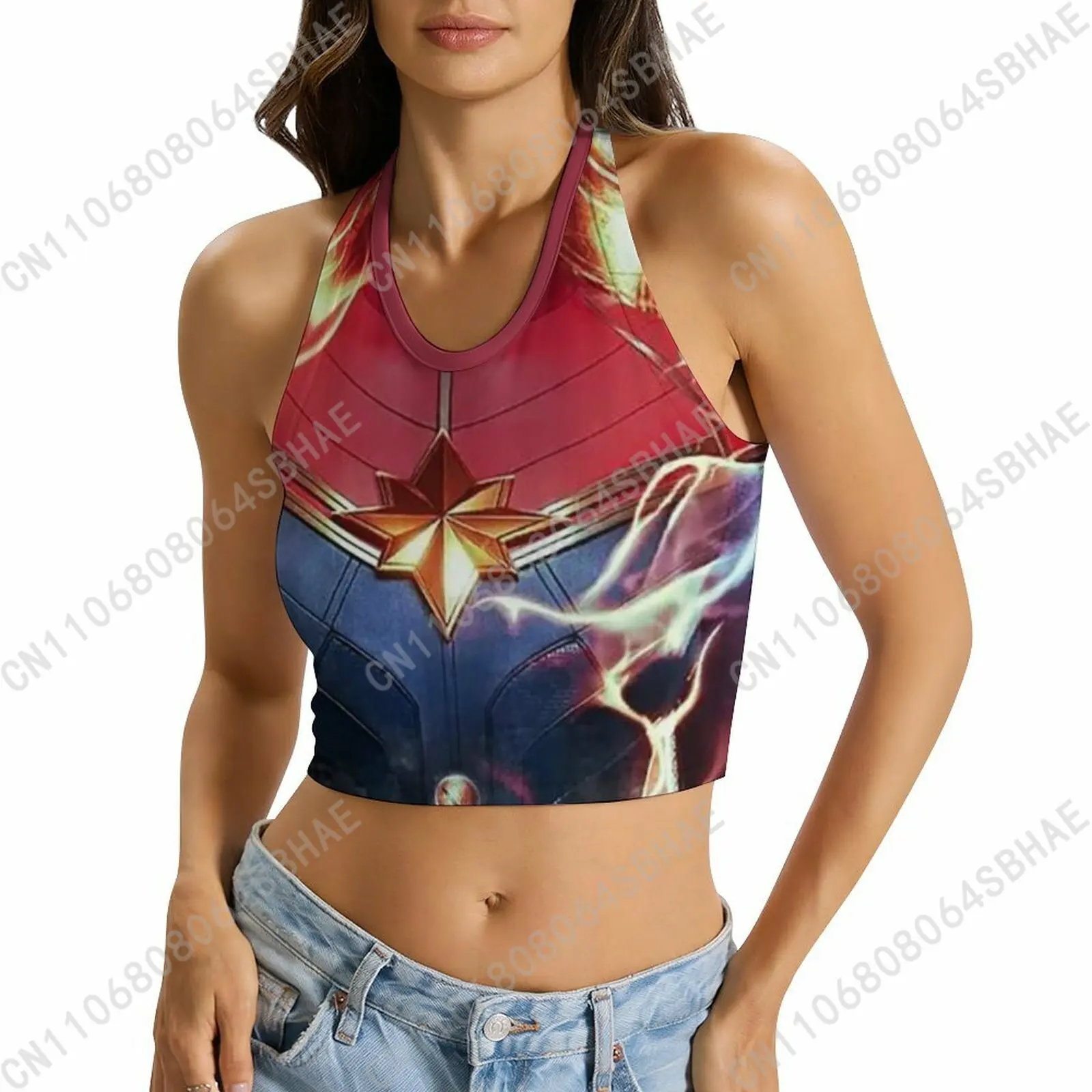 

Marvel Captain Marvel Custom Photo Women's Halter Top Personalized Tie Back Cami Upload Your Gift Wife Girlfriend Cosplay
