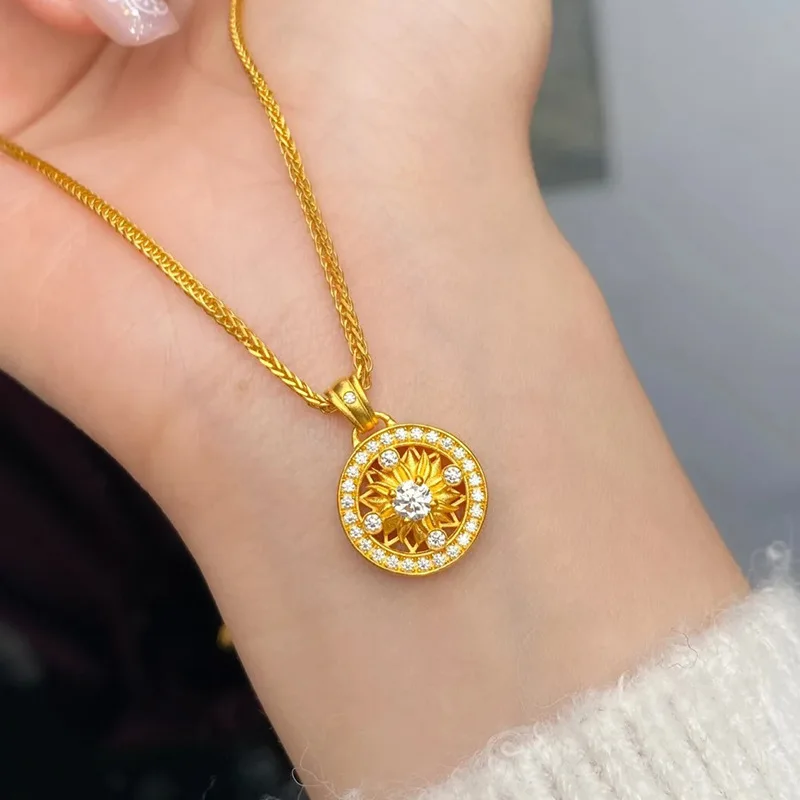 Classic design diamond inlay hollow out sunflower pendant rose flower window charms necklace exquisite banquet jewelry gift