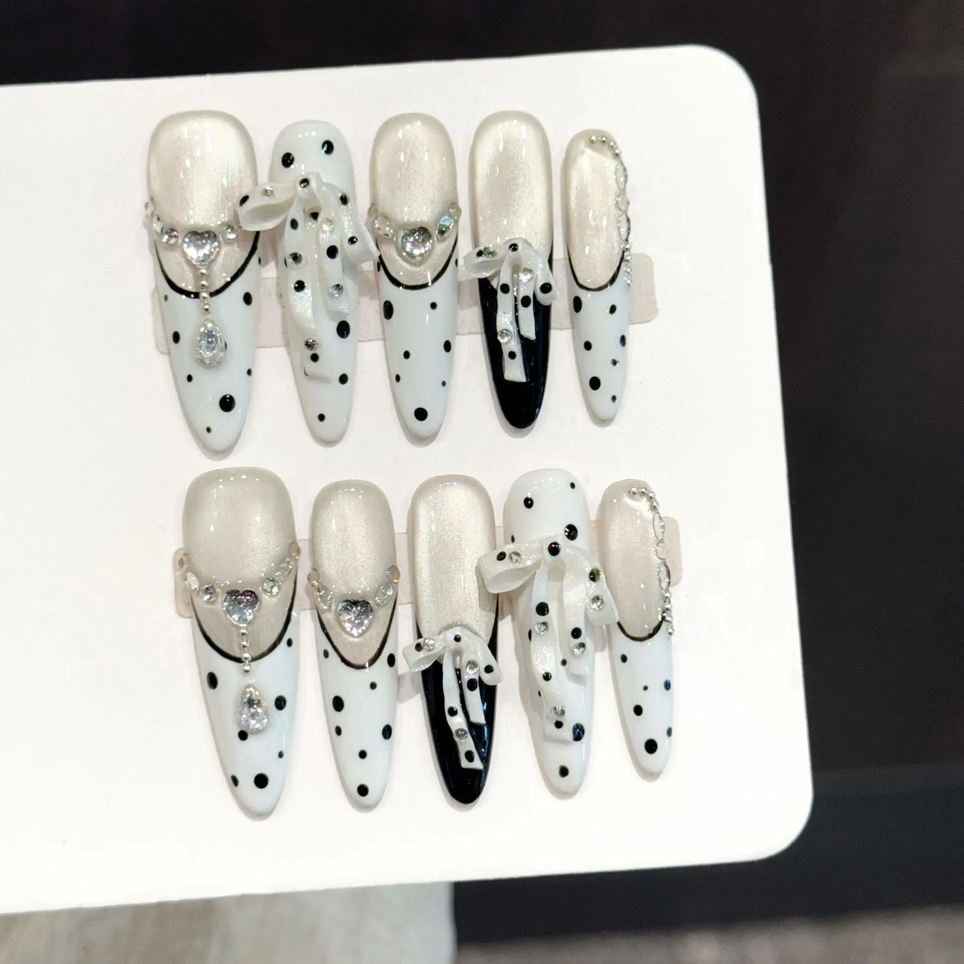 10pcs Simple Ribbon Bowknots Press On Nails Handmade Black White Polka Dot French Style Fake Nails Long Almond Ballet False Nail