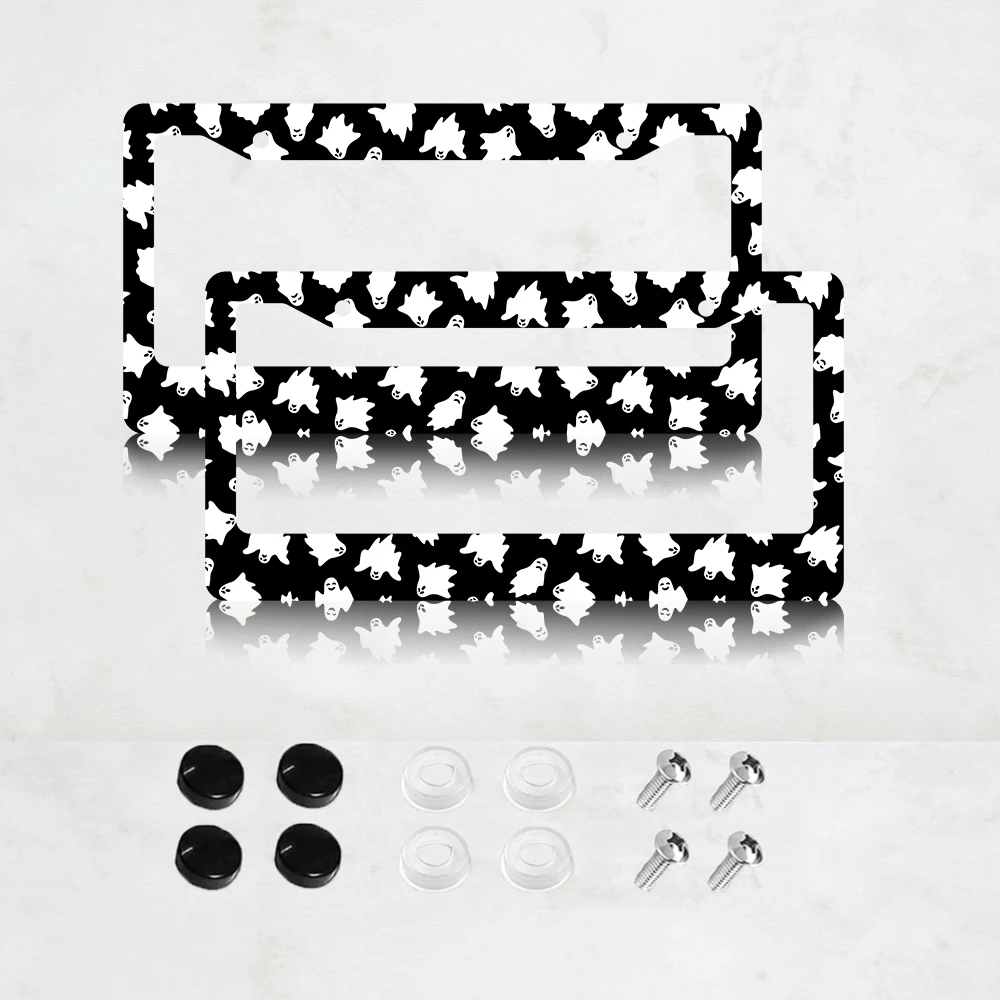 أسود أبيض شبح نمط 2-Hole إطار لوحة الترخيص الألومنيوم 6x12 بوصة مع مسامير مجموعة مضحك ديكور السيارة هدية #2