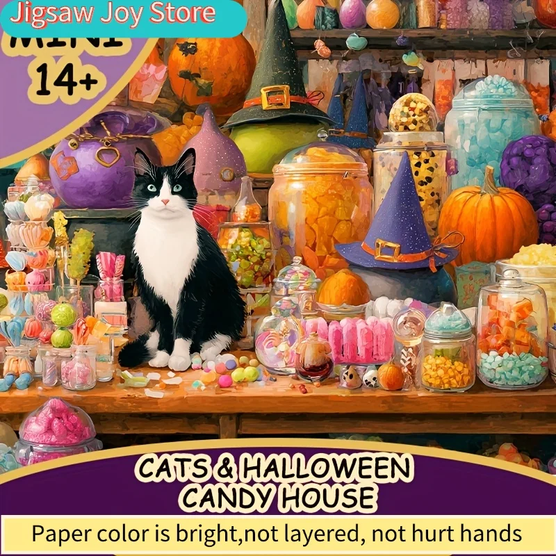 1 Caixa (500 peças) Quebra-Cabeças para Gatos Adultos e Casa de Doces de Halloween, Ideal para Jogos e Atividades de Festa - Mosaico Colorido e Divertido