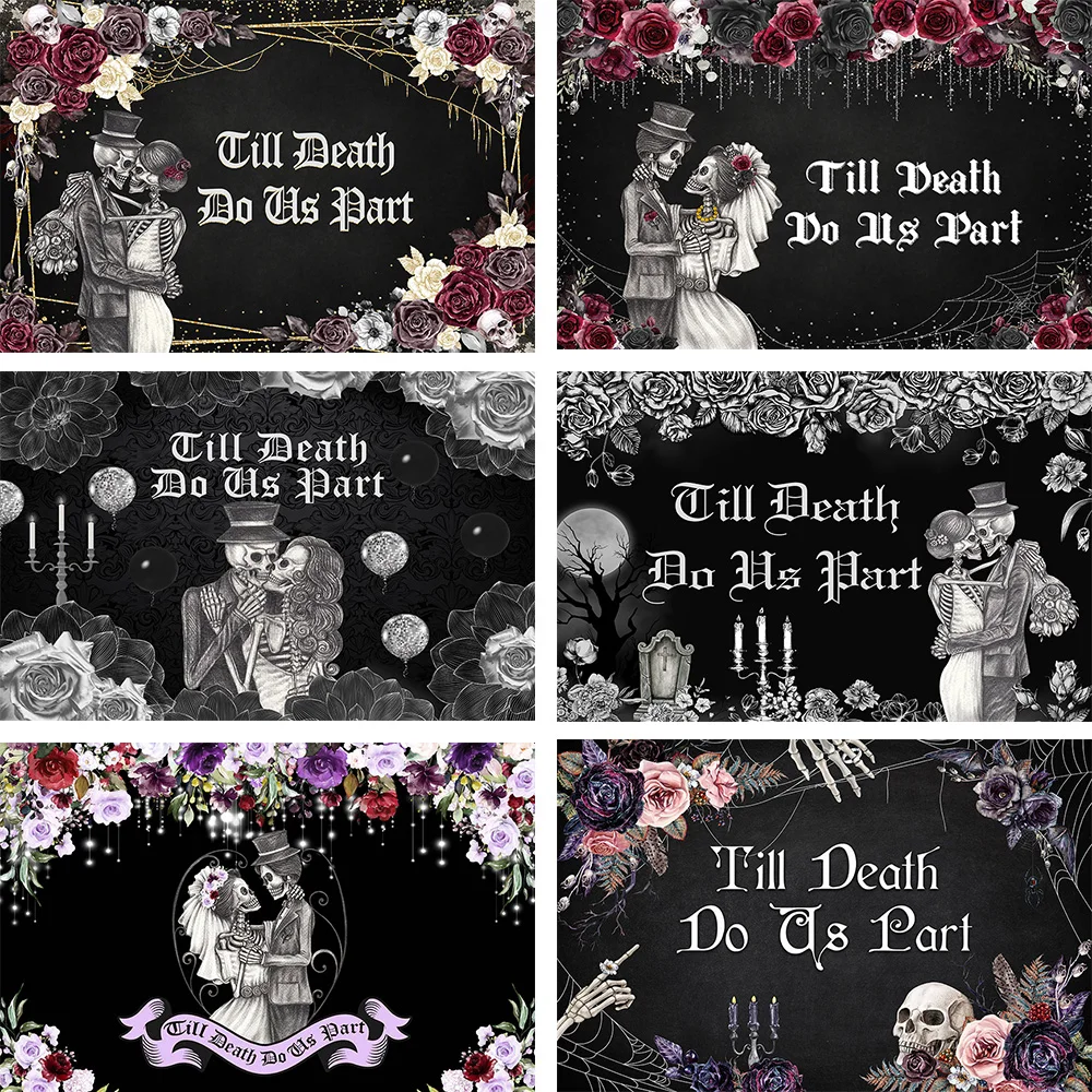 Avezano Till Death Do Us Party Backdrop Gothic Wedding Bridal Shower Groom Spooky Skeleton Mr and Mrs Anniversary Photo Props