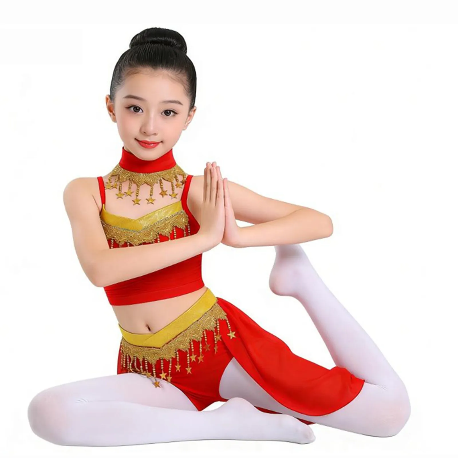 

Kids Girls Shiny Star Sequin Bellywood Oriental Belly Dance Costumes Set Tassels Indian Ruched Crop Top Skirt Belly Dance Outfit